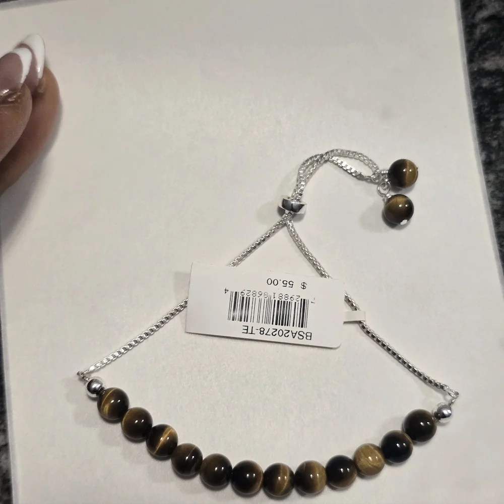 Macy's Genuine Stone Bead Adjustable Bracelet Silver Plate New Women